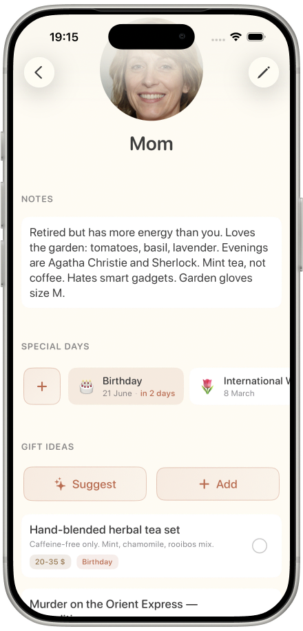 Kinday profile for Mom with notes, special days, and gift ideas in one place