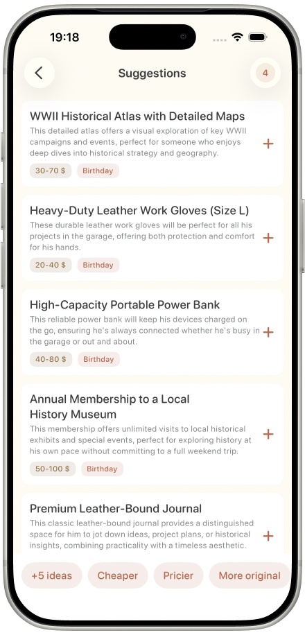Kinday AI gift suggestions screen with personalized ideas and price ranges
